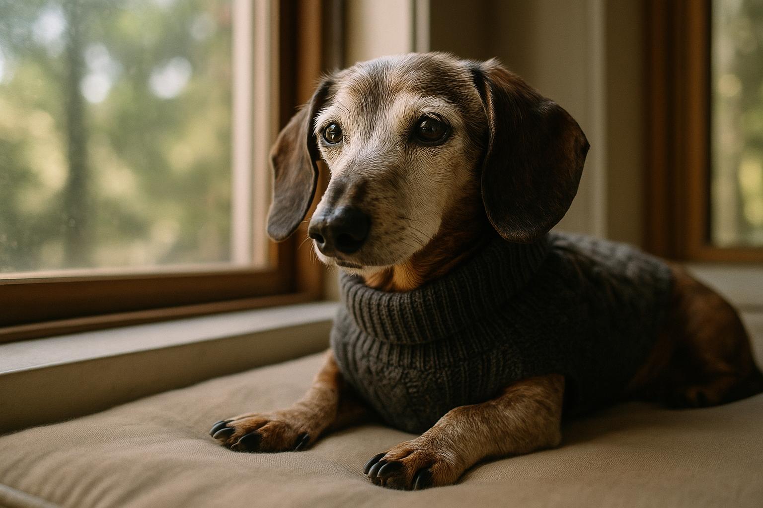 Sprout, a 20-year-old Dachshund in a knit sweater, sunbathing on a shelter window seat