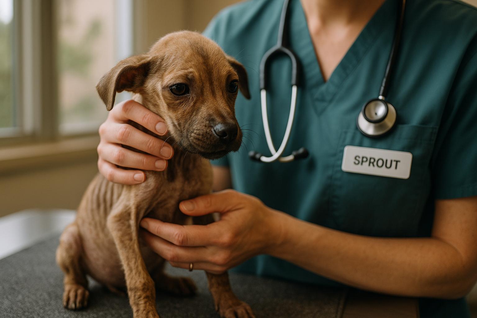 Sprout, a severely emaciated puppy, receiving veterinary care on an exam table at a shelter clinic.