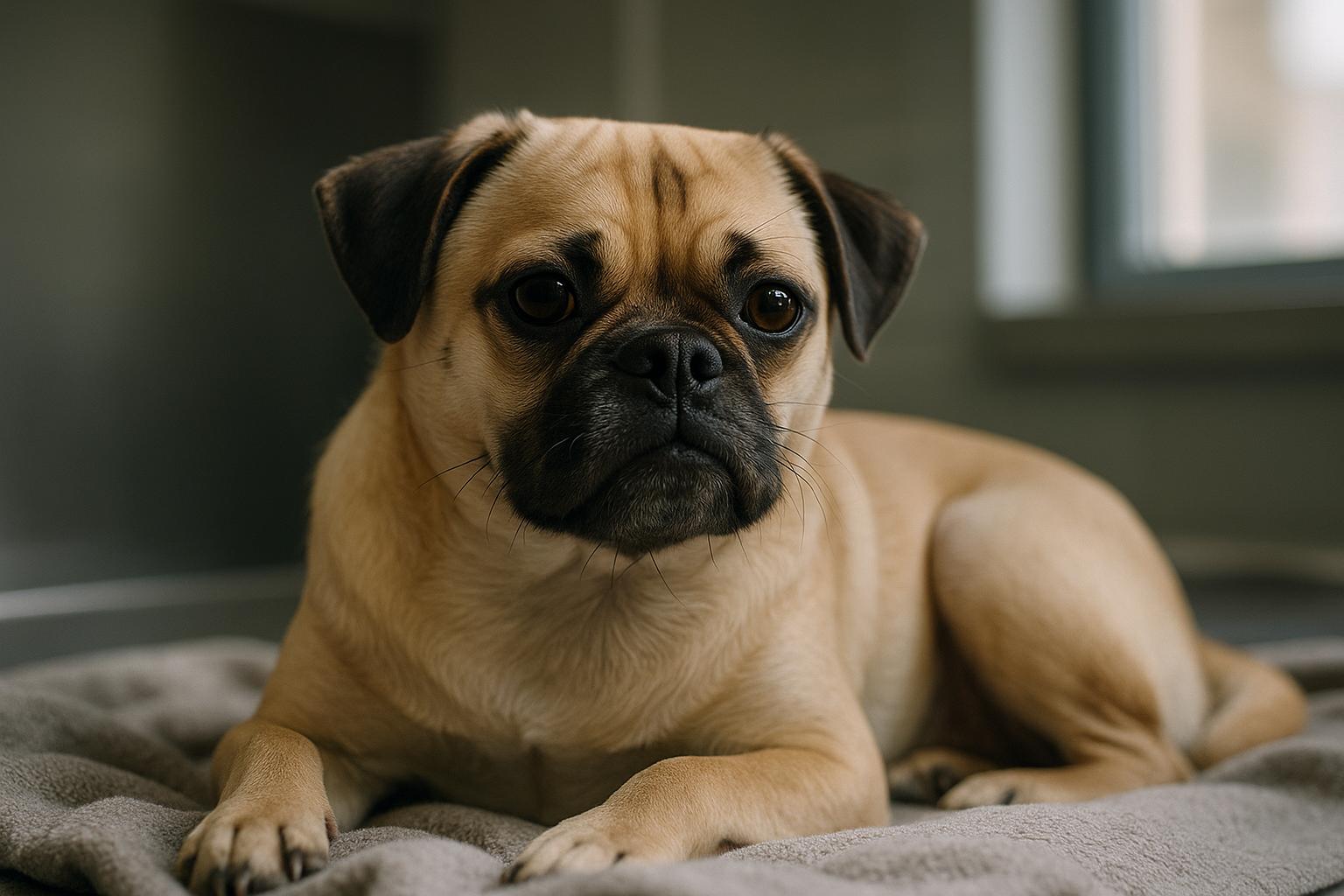 Sprout, a 1-year-old pug mix, resting on a blanket in a veterinary clinic recovery room