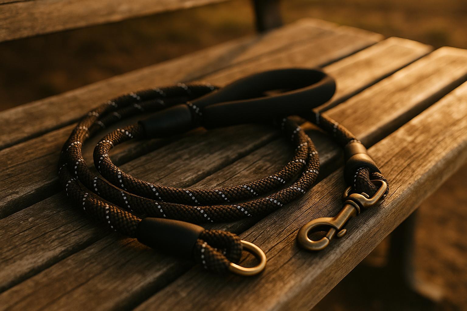 A climbing-rope style dog leash with reflective stitching and two padded handles on a wooden bench