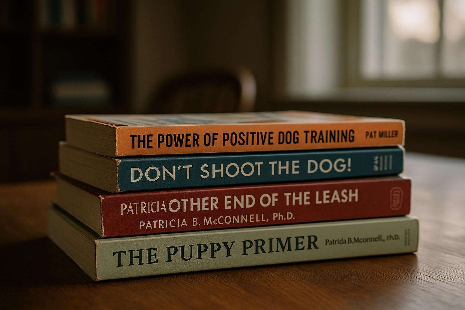 Close-up of a stack of dog training books on a wooden table, including titles by Pat Miller, Karen Pryor and Patricia McConnell