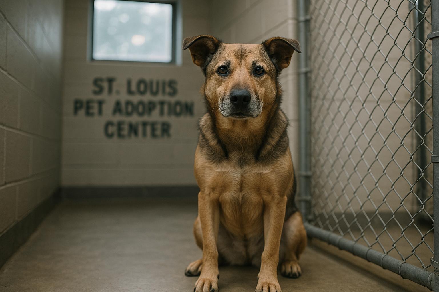 Mixed-breed shelter dog sitting calmly inside the St. Louis Pet Adoption Center kennel under soft natural light
