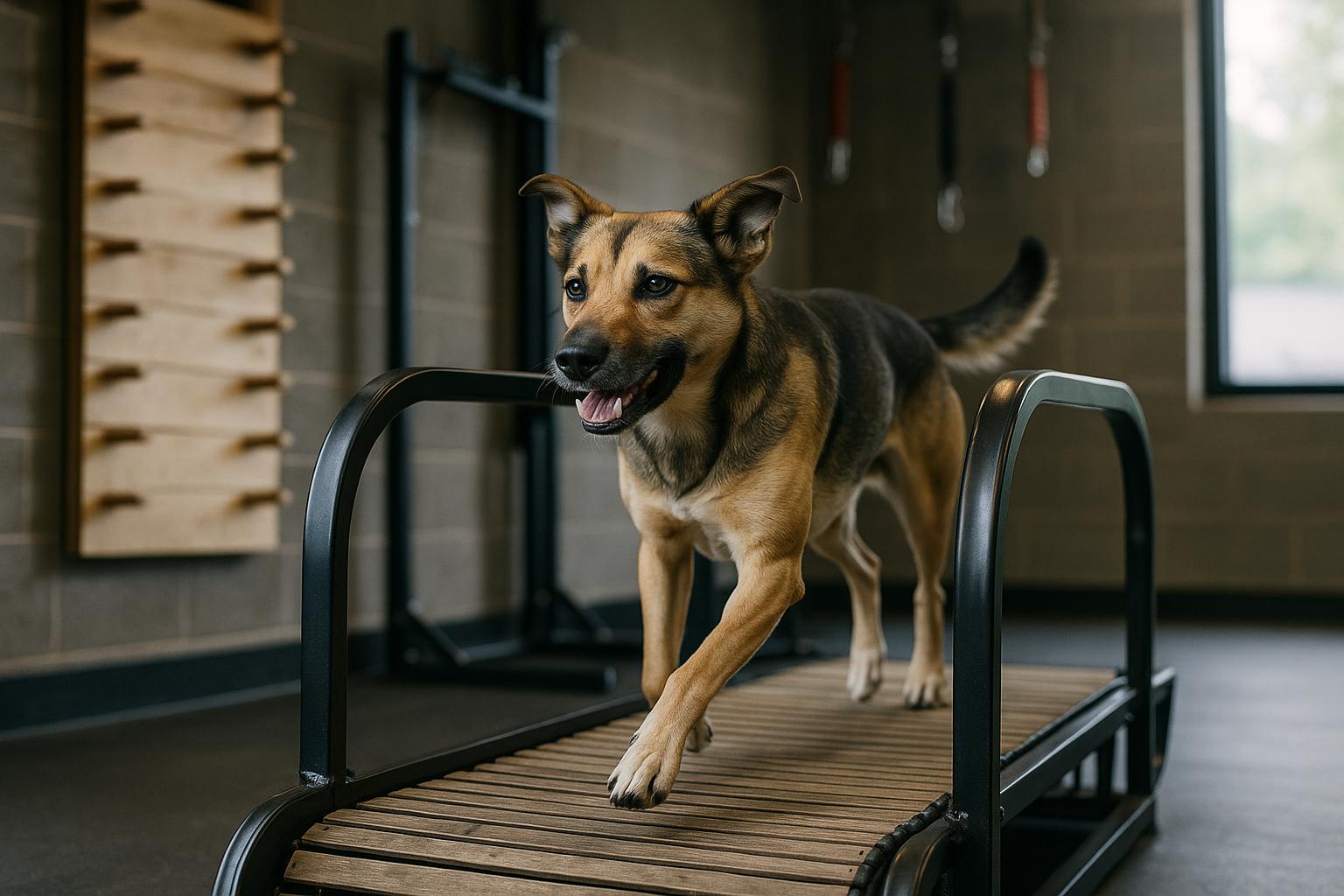 A mixed-breed dog using a slat mill inside The Stacked House indoor dog gym in Peoria, with wall-climb and spring poles visible in the background.