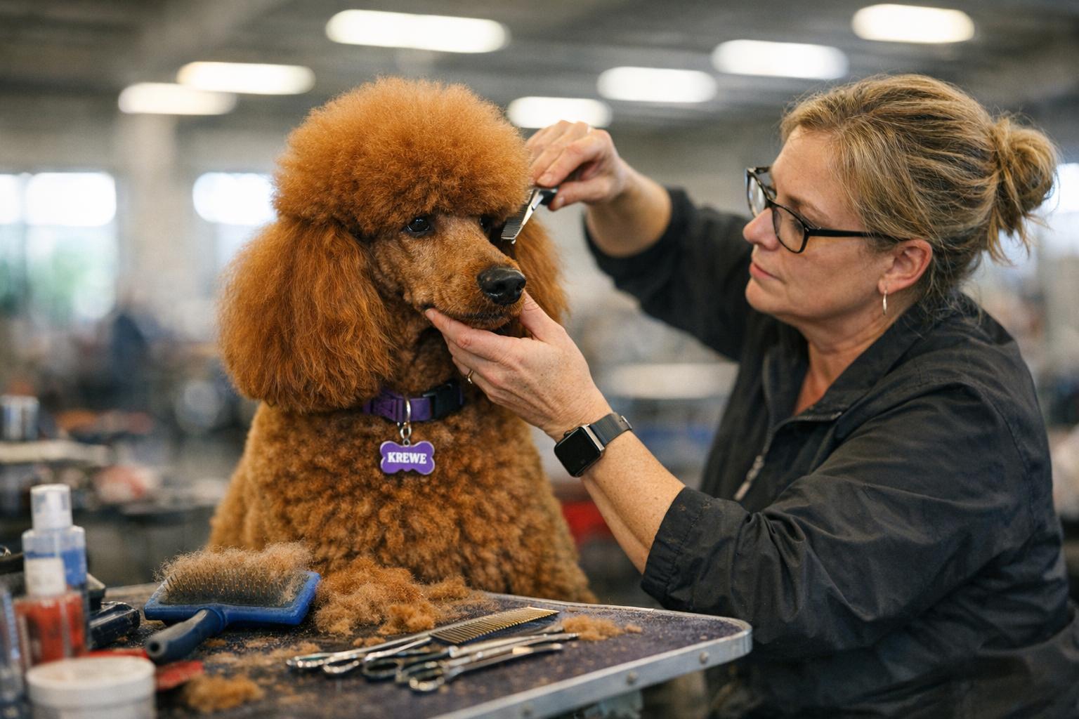 Handler grooming a red standard poodle inside an indoor exhibition hall