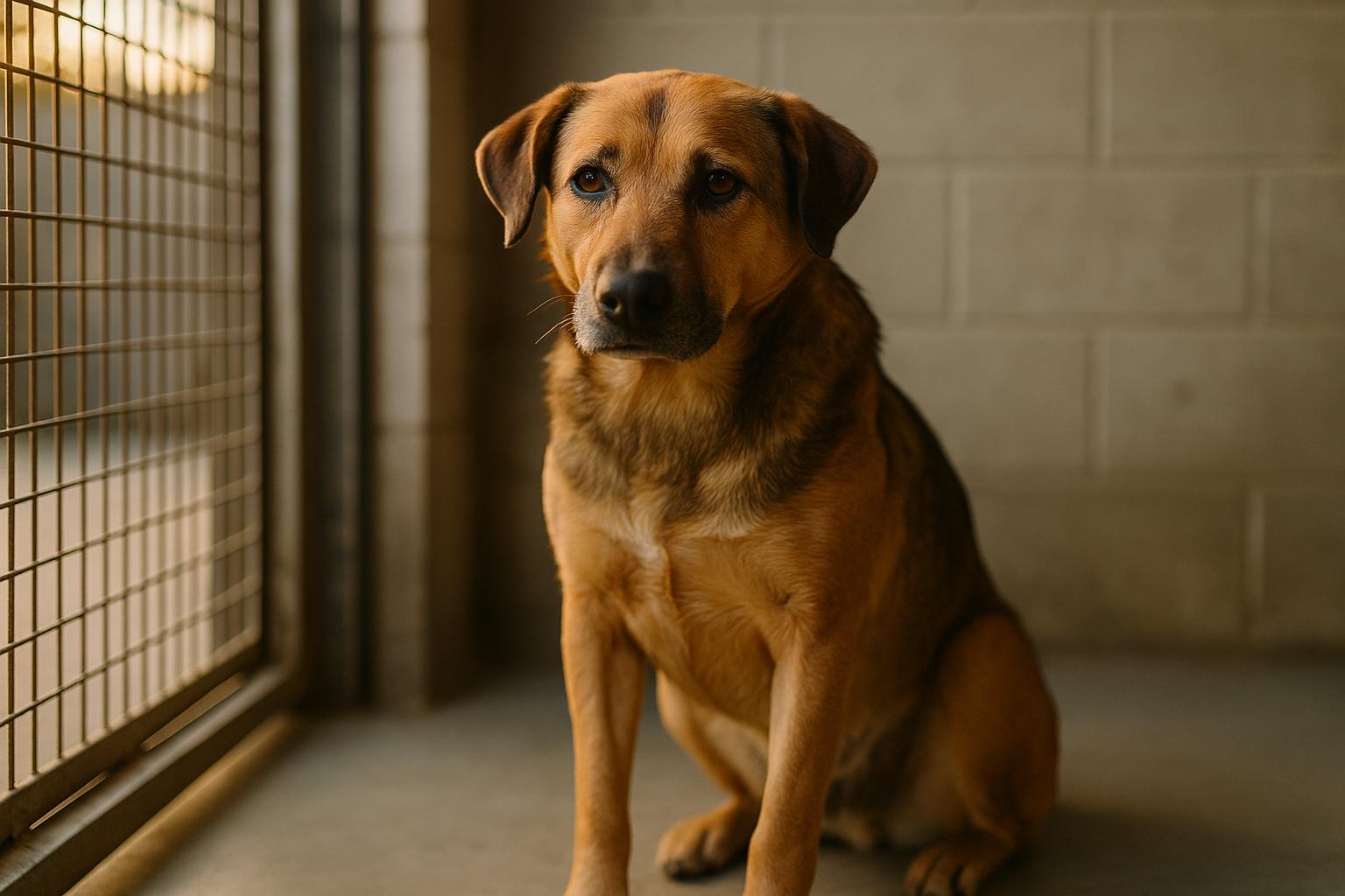 Mixed-breed dog sitting calmly in a shelter kennel bathed in warm natural light