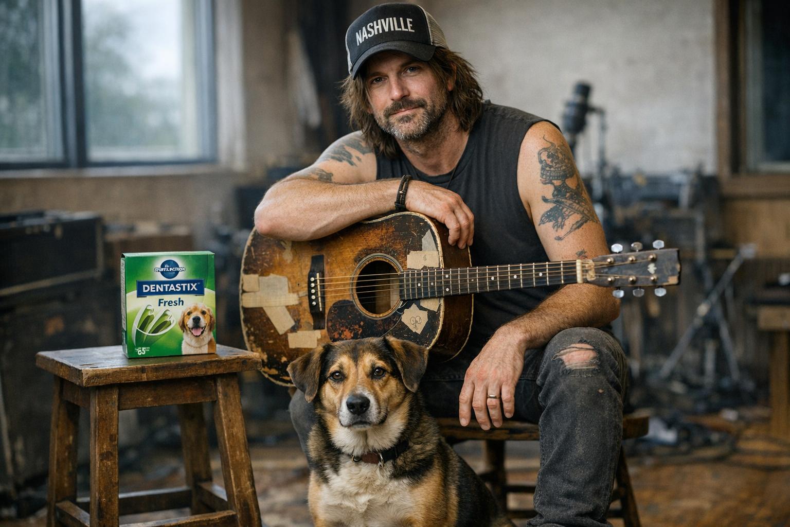 Stephen Wilson Jr. with his beat-up guitar and a mixed-breed dog beside a box labeled Dentastix Fresh in a Nashville studio