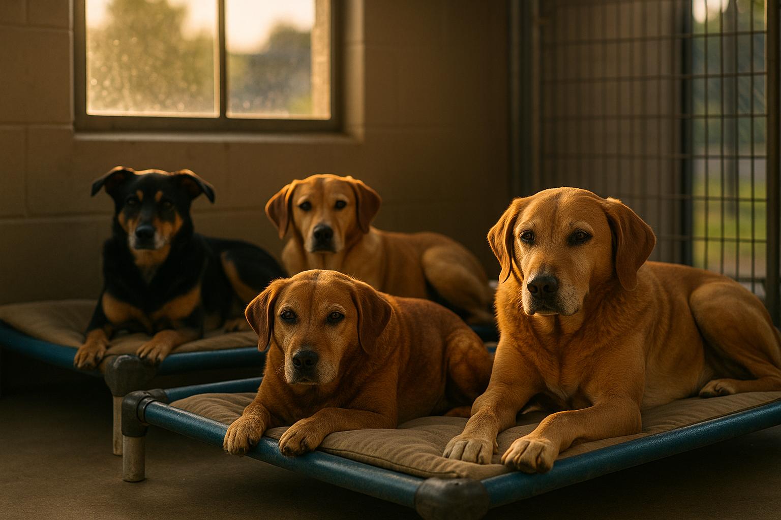 Four mixed-breed dogs named Gretel, Morris, Talullah and Hunter resting on beds inside a sunny shelter kennel.