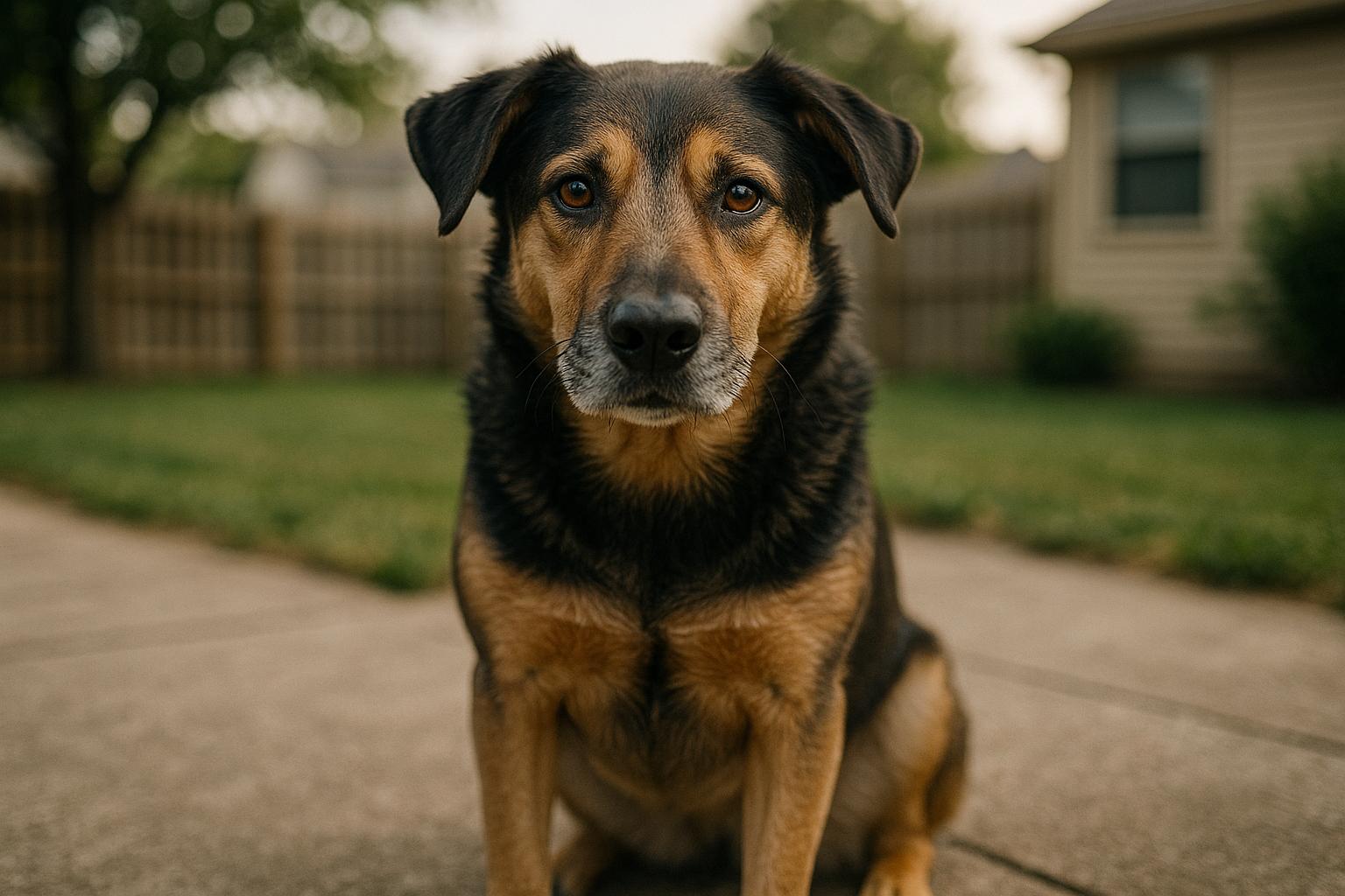 Adult mixed-breed dog sitting attentively on a suburban backyard patio in soft afternoon light