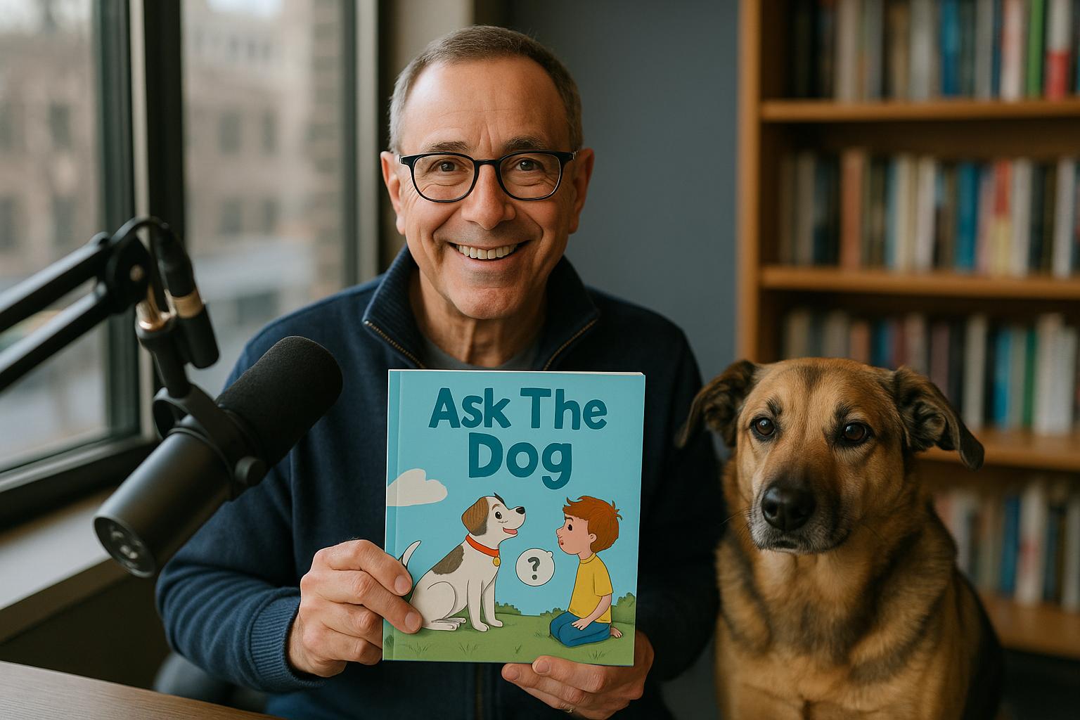 Steve Dale in a radio studio holding 'Ask The Dog' with a medium-sized mixed-breed dog beside him