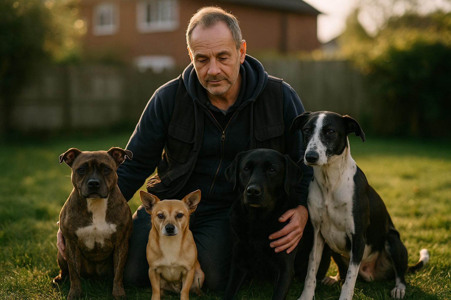 Dog trainer Steve Mann kneeling in a Hertfordshire garden with four rescue dogs: a Chihuahua-Terrier cross, a Staffordshire Bull Terrier, a Labrador and a Lurcher.