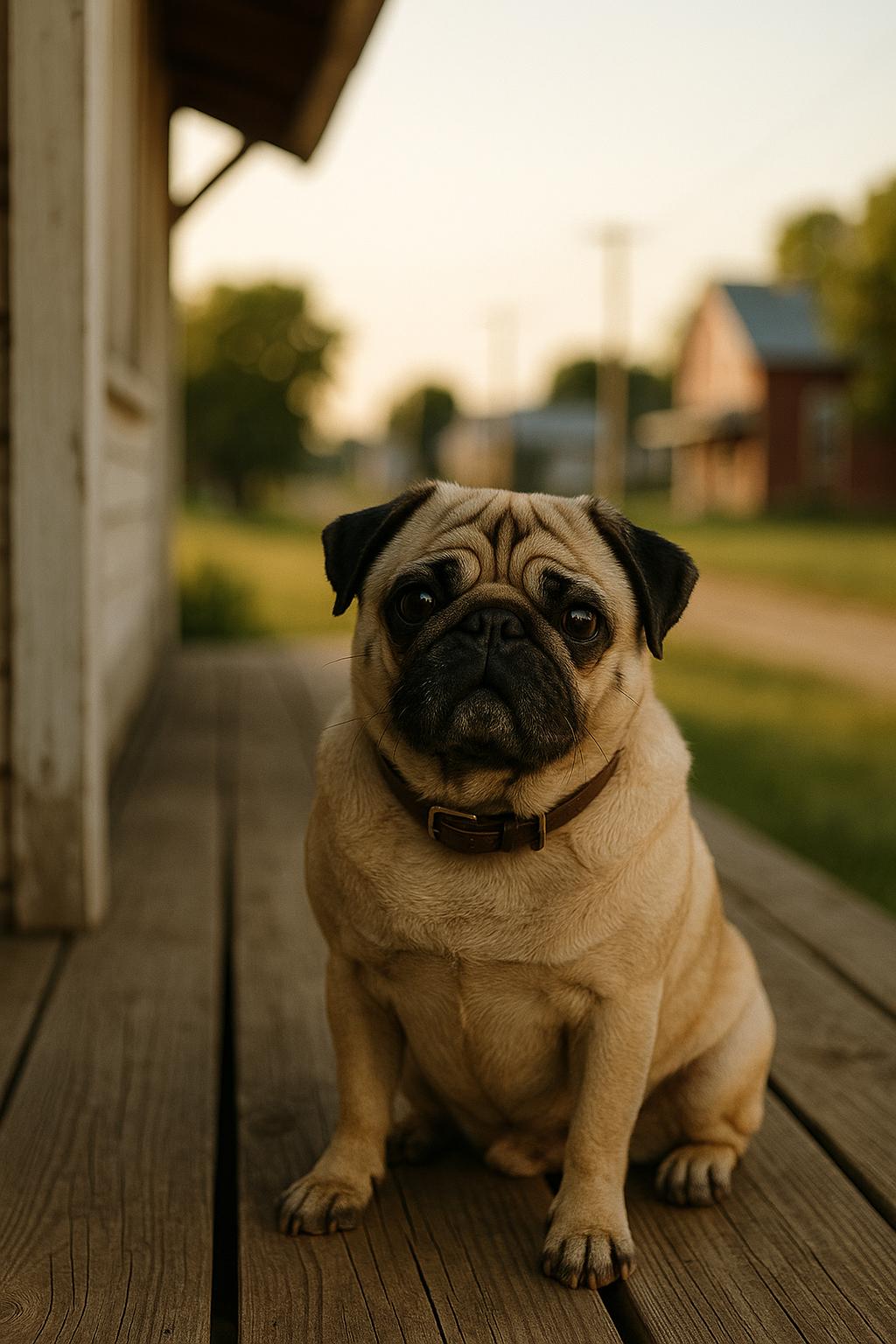 Gunner the pug sitting on a farmhouse porch in soft late afternoon light
