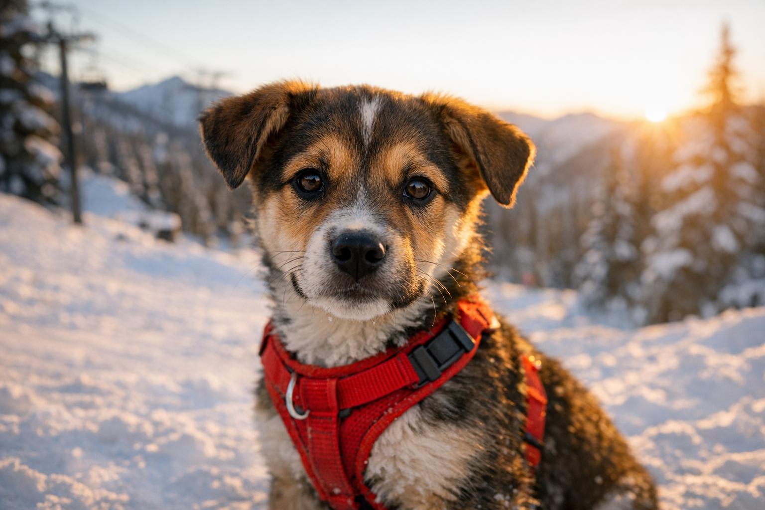 Honey, a young rescue dog in a red harness, sitting in snow at Stevens Pass with soft golden-hour light