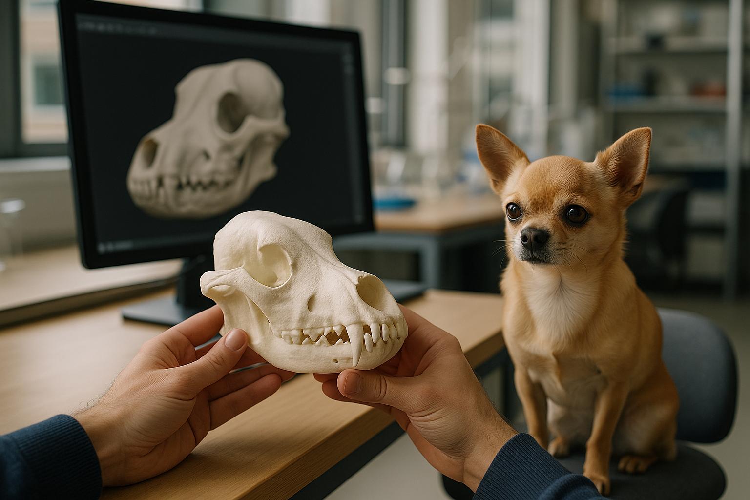 Researcher holds a 3D-printed ancient dog skull model in a lab while a Chihuahua sits nearby and a computer screen displays a 3D skull render.