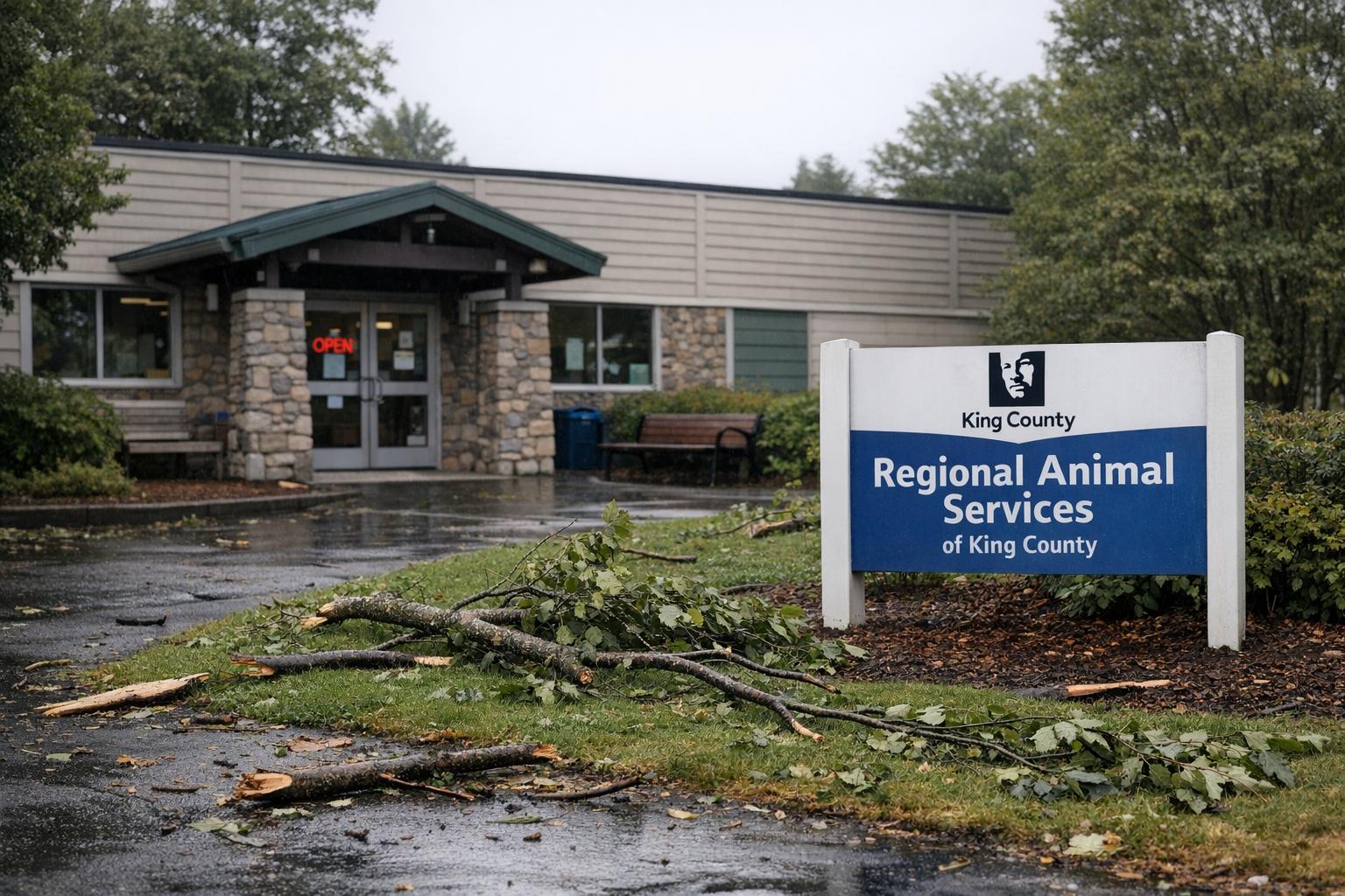 Exterior of King County Pet Adoption Center in Kent with fallen tree branches and debris on the lawn