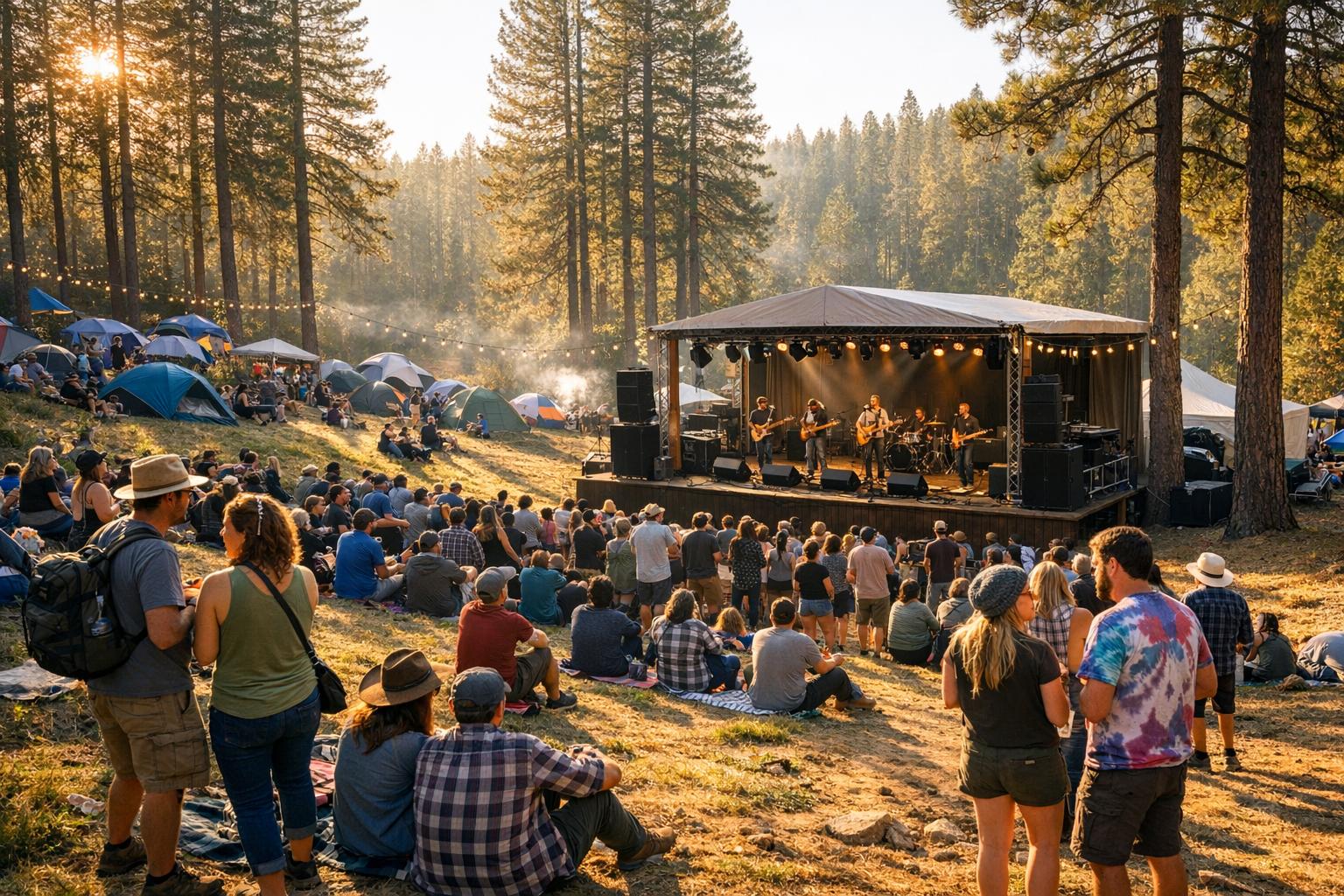 Crowd and stage at an outdoor music festival in a pine forest at The Pines Music Park, with tents and attendees gathered on grassy slopes.