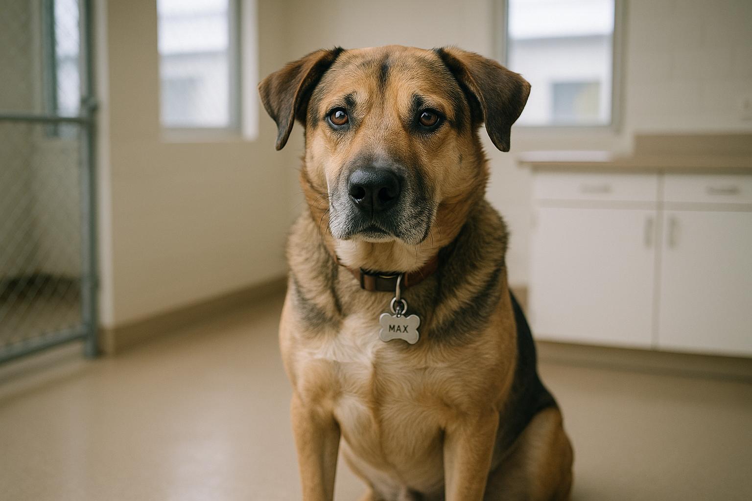 Max, a calm mixed-breed dog, sitting in a shelter examination room with soft light, photographed in close-up.