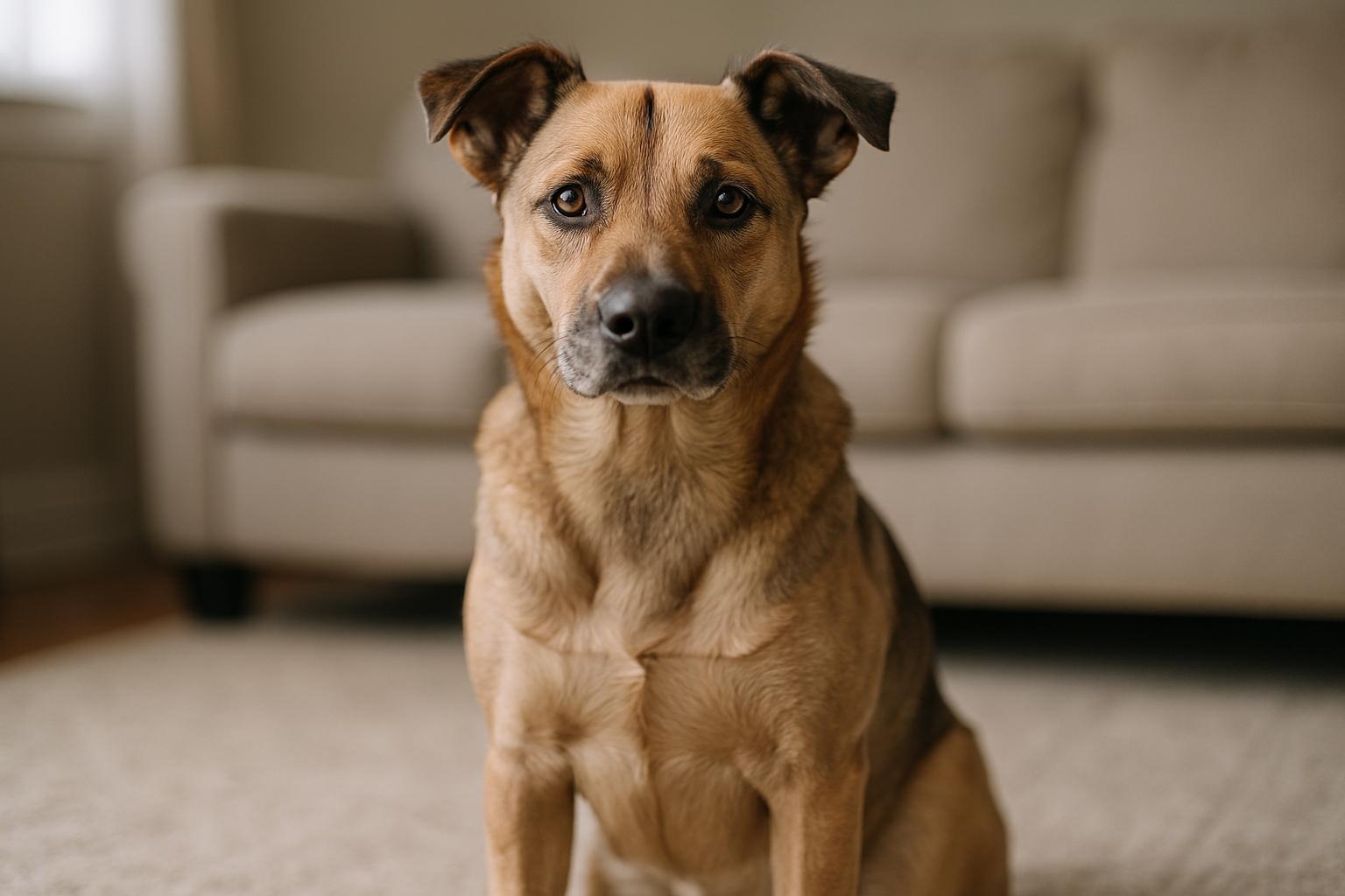 Mixed-breed dog sitting alert on a living room rug, portrait photojournalism style
