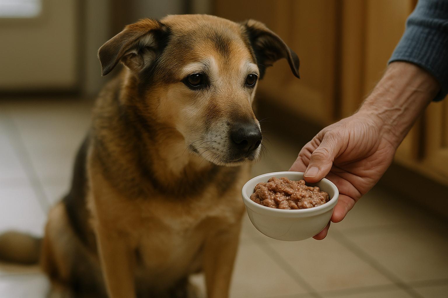 Senior mixed-breed companion dog being fed canned food by an older owner's hand in a kitchen