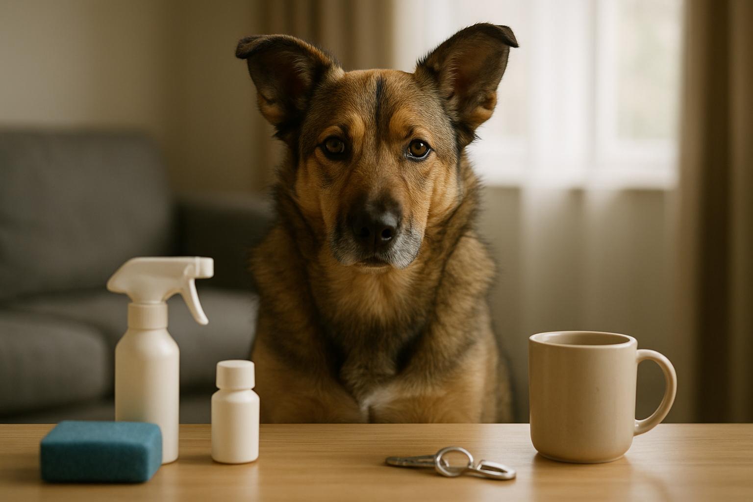 An attentive medium-sized dog sitting before several objects on a table, eyes fixed on one item as a handler prepares the test.