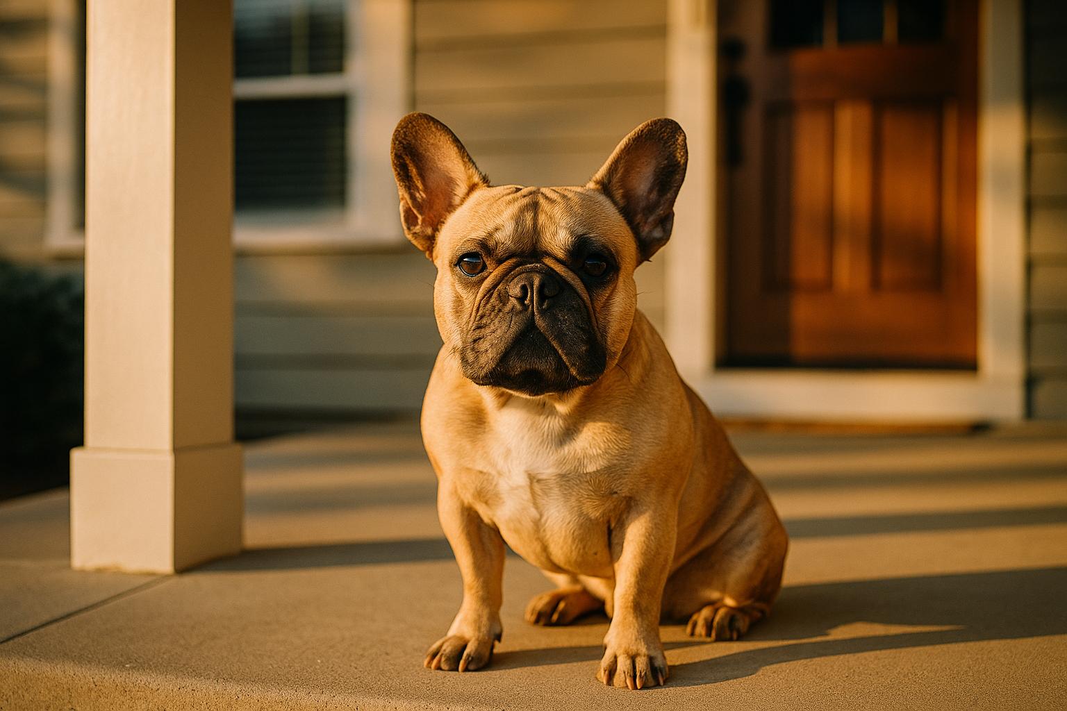 A French Bulldog sitting on a suburban front porch in warm late-afternoon light
