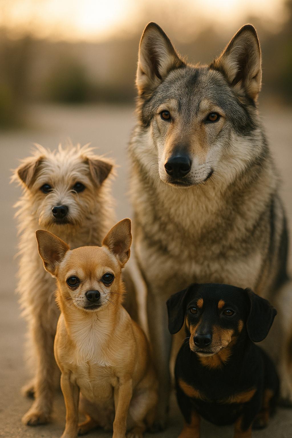 A Chihuahua next to a large wolfdog in natural light, photorealistic image
