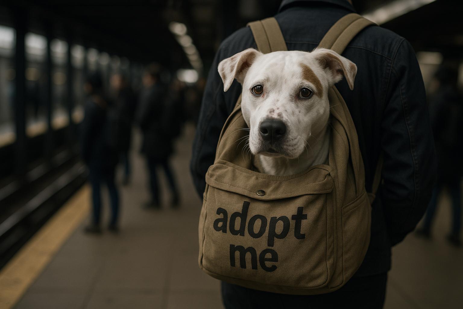 White dog with brown spots peeking out of a backpack labeled 'adopt me' on a New York City subway platform