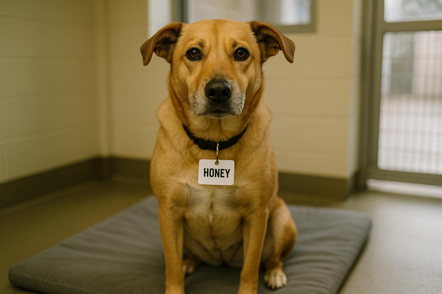 Honey, a medium-sized mixed-breed dog, sitting calmly on a kennel mat in a shelter clinic