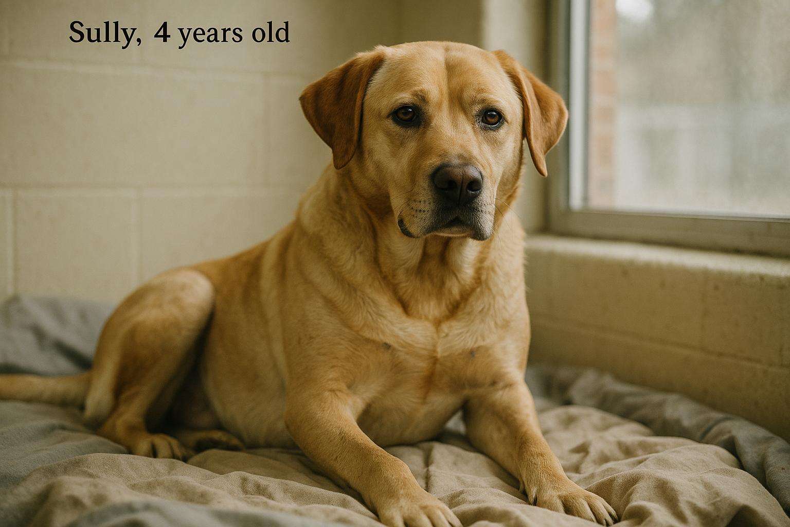 Sully, a 4-year-old Labrador Retriever mix, sitting calmly on a bed in a shelter adoption room at NOCO Humane.