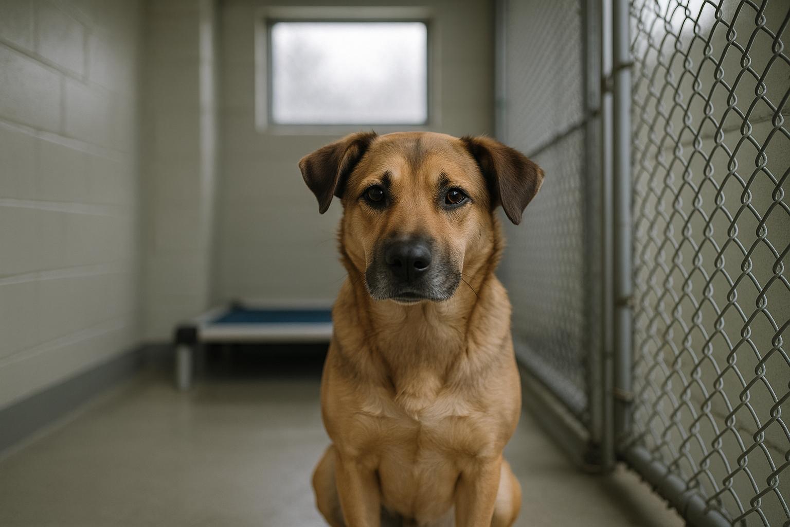 A mid-sized mixed-breed dog in a shelter kennel, looking calmly toward the camera under soft natural light.