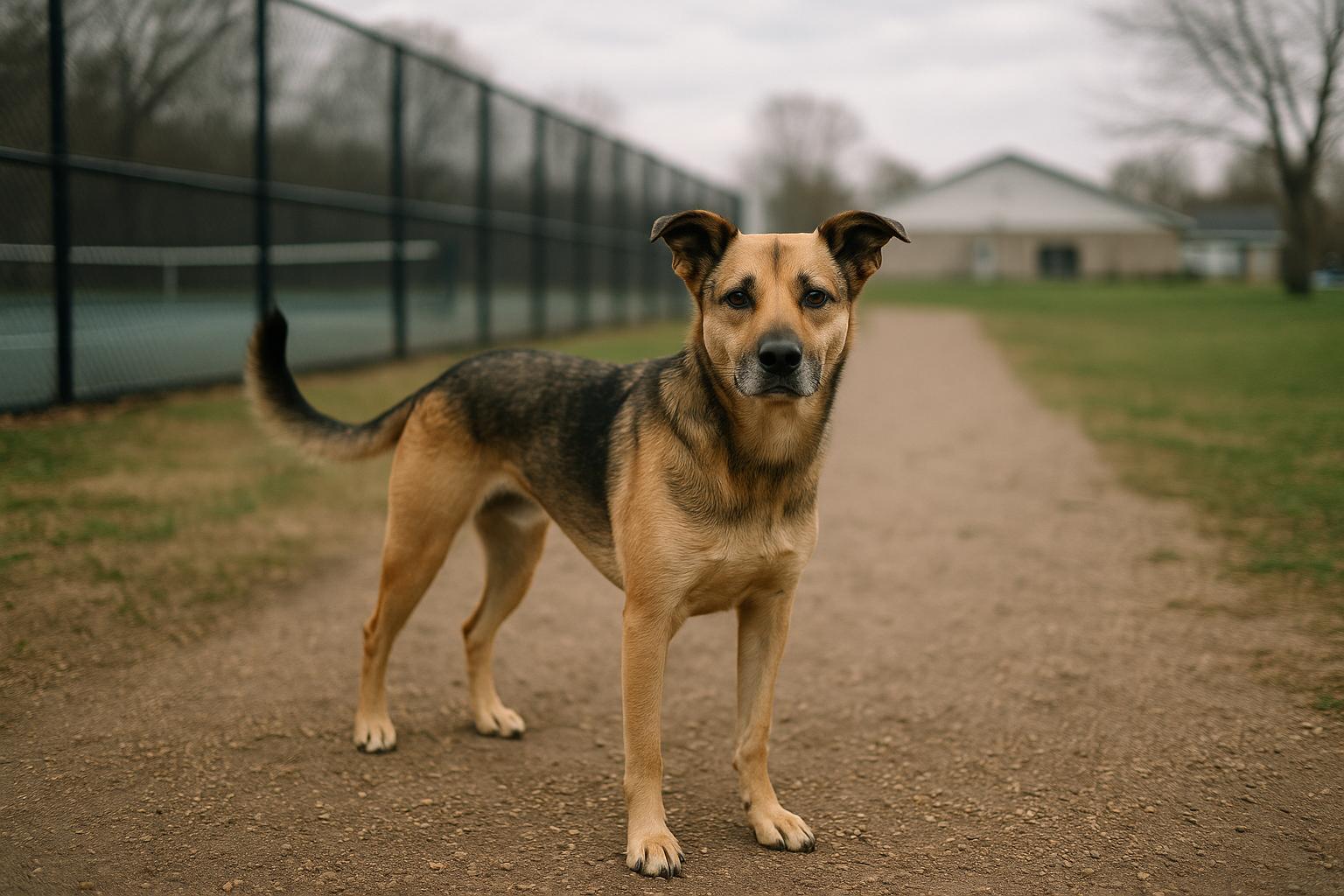 A mixed-breed dog standing in Sun City West Dog Park 'B' with the recreation center visible in the background.