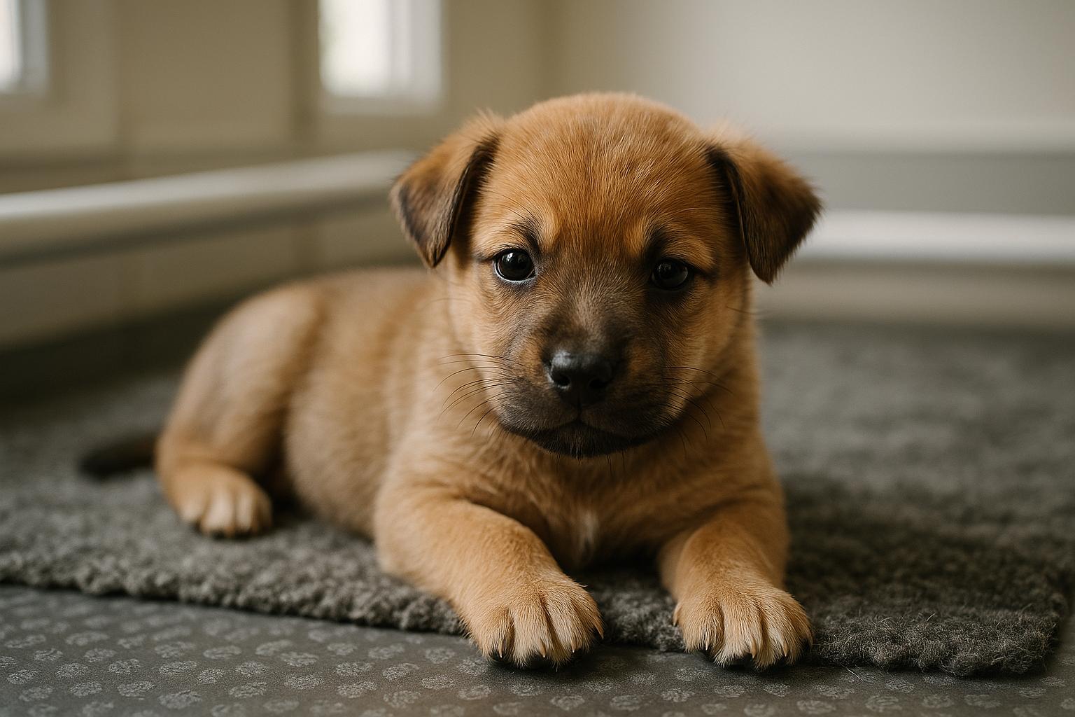 A healthy puppy resting on non-slip bedding in a veterinary whelping area, photographed in soft natural light