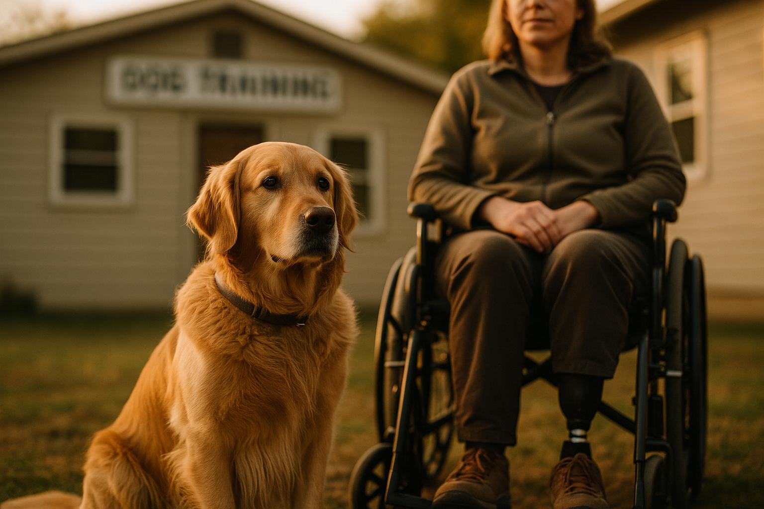 Syd, a 7-year-old Golden Retriever, sitting beside owner and trainer Roberta 'Bobbi' Hockenberry in a wheelchair outside their dog-training school in Newell, West Virginia.