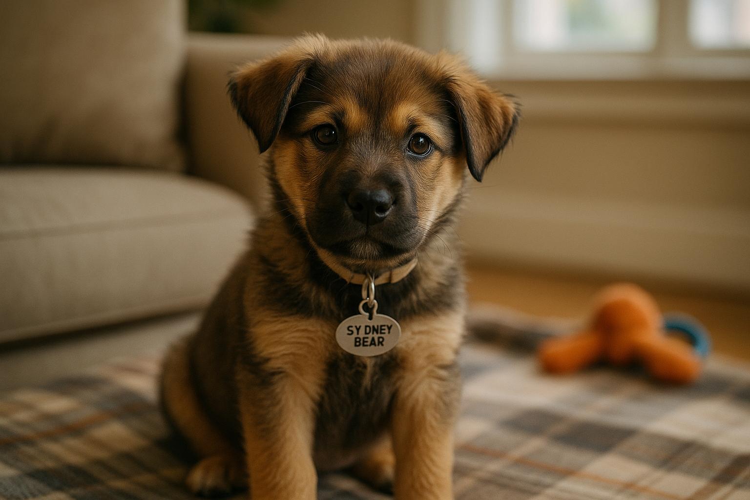 Sydney Bear, a young puppy, sitting on a blanket in a foster-home living room in Massachusetts