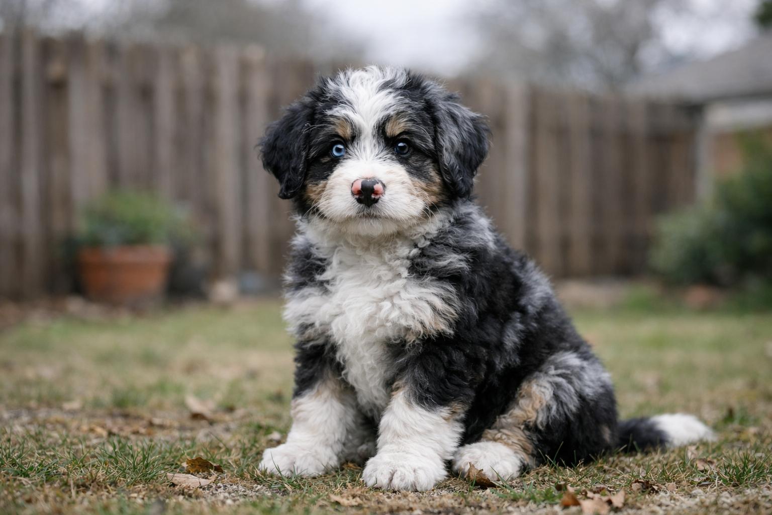 Bernedoodle puppy with black, white and gray fur, one blue eye and one brown eye, sitting in a suburban backyard