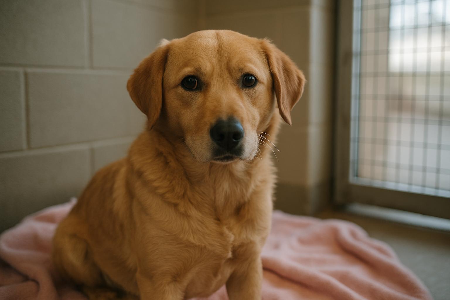 Light-brown dog sitting on a pink blanket in a shelter kennel, looking toward camera