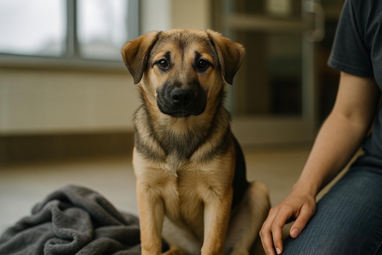 Nearly one-year-old mixed-breed puppy sitting in a shelter lobby on a blanket, calm and alert