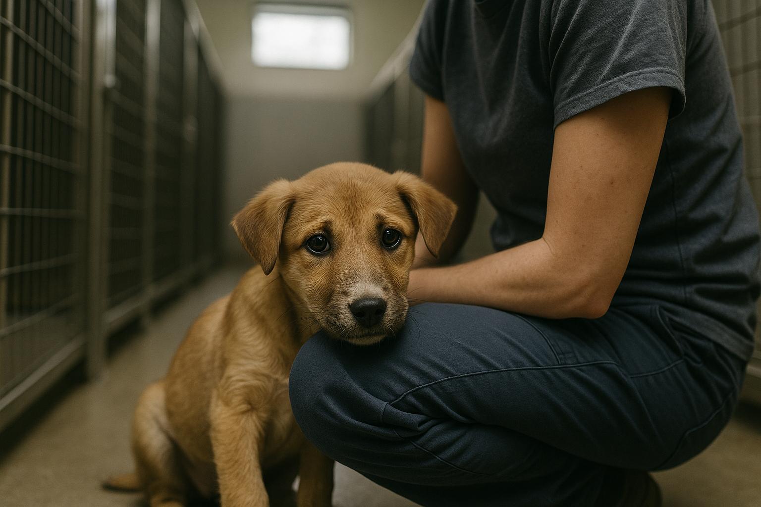 Young light-brown puppy with a white muzzle resting her head on a shelter worker's knee in a kennel room