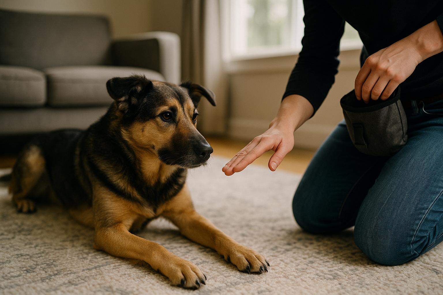 Handler giving a hand signal while reaching into a treat pouch as a dog lies down on a living room rug