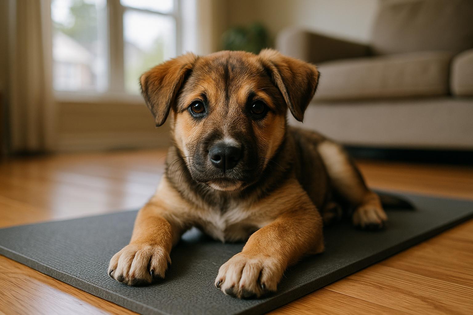 Young mixed-breed puppy lying calmly on a yoga mat in a living room, viewed in soft natural light.