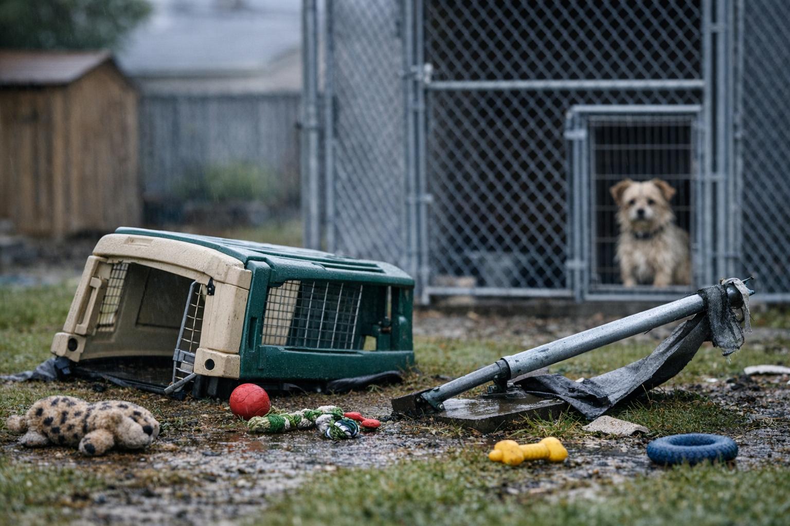 Debris-strewn outdoor play area at Arizona Small Dog Rescue after a storm, with a small dog visible inside an indoor kennel