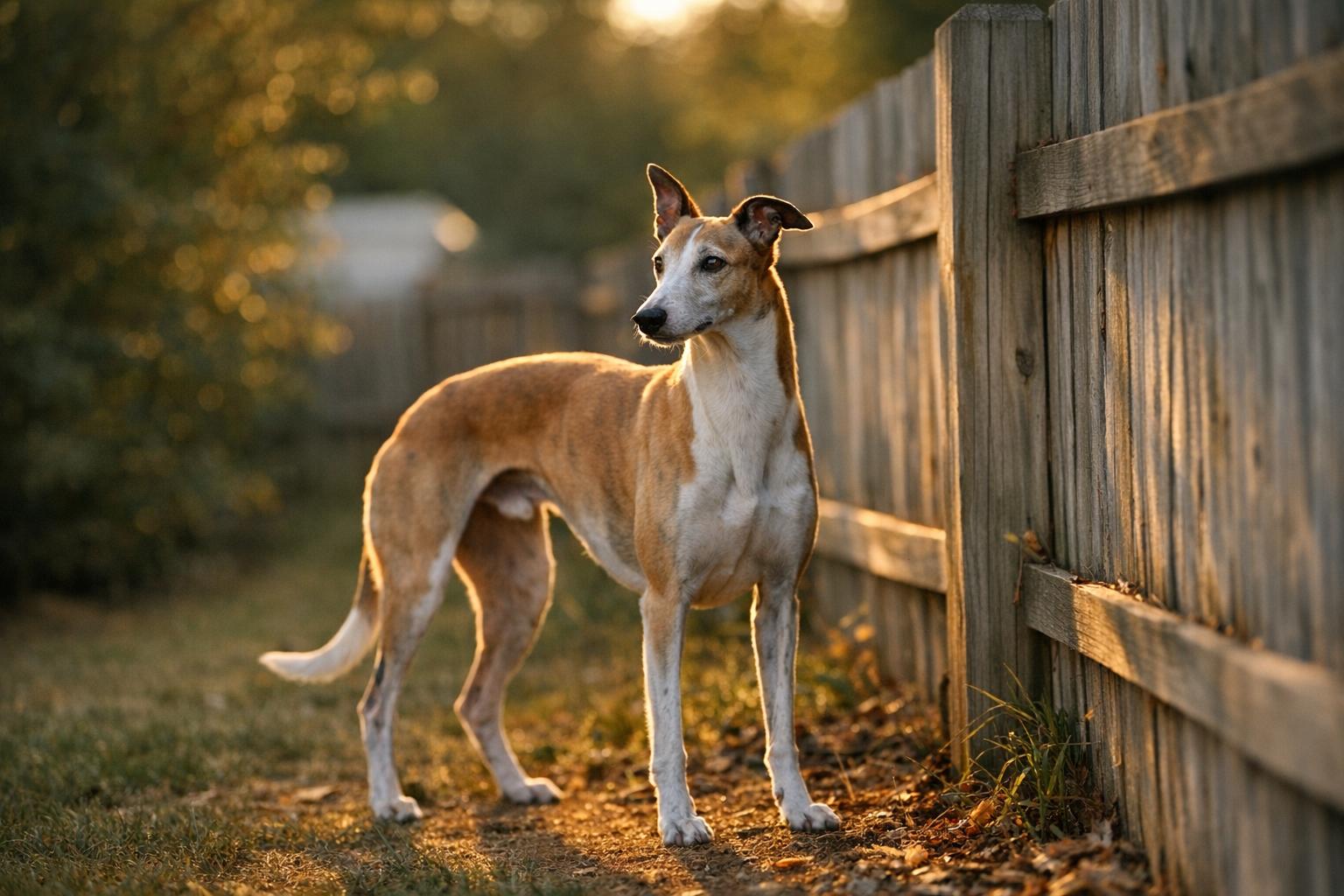 A Greyhound standing alert beside a backyard fence at golden hour