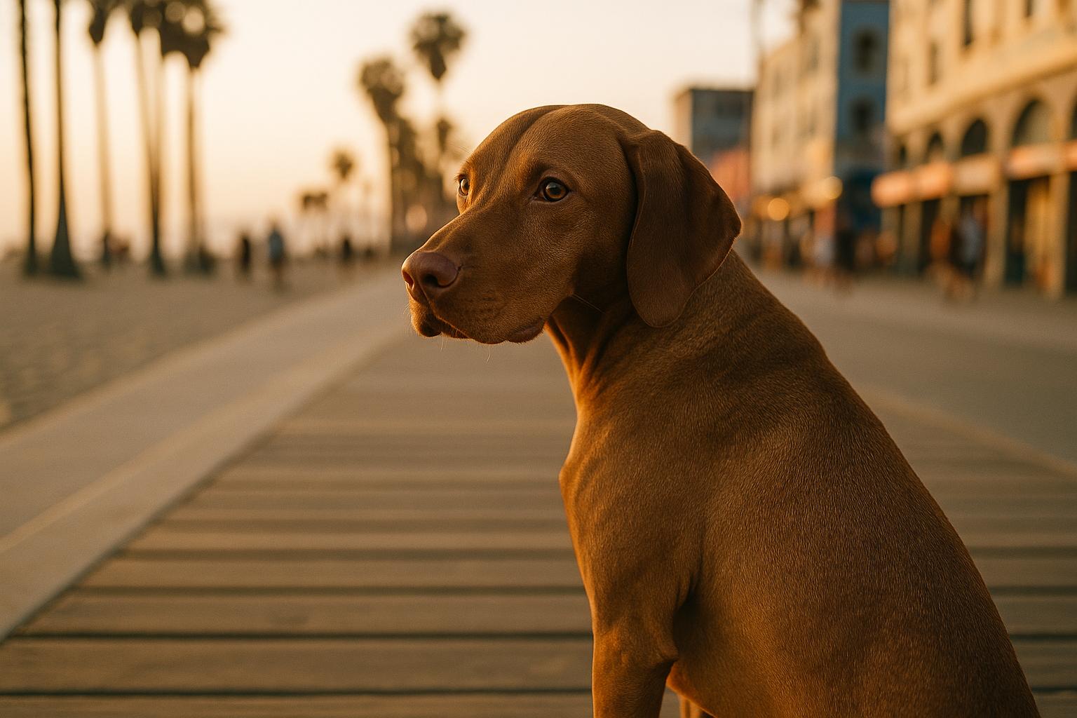 A Vizsla sitting on Venice Beach boardwalk at golden hour, looking back toward its owner