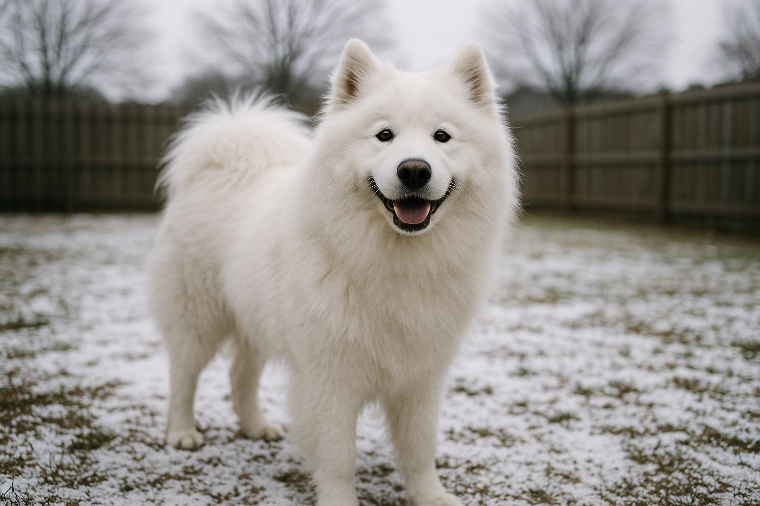 Samoyed standing in a snow-dusted backyard, showing gleaming coat and cheerful expression