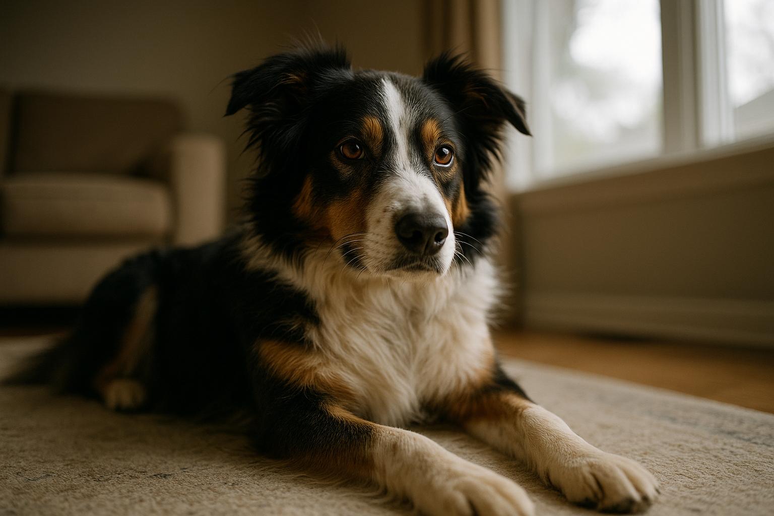 Salem, an Australian shepherd/border collie mix, resting in a living room with soft window light