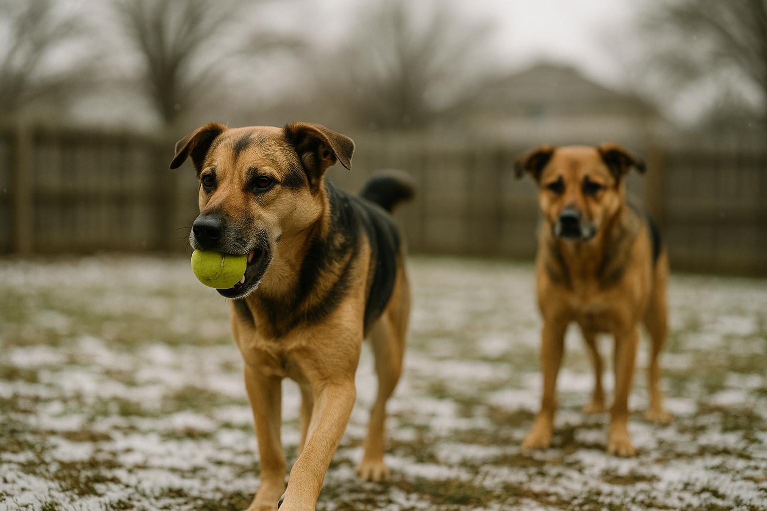 Two medium-sized mixed-breed dogs tense around a tennis ball in a snow-dusted backyard; one dog holds the ball while the other watches.