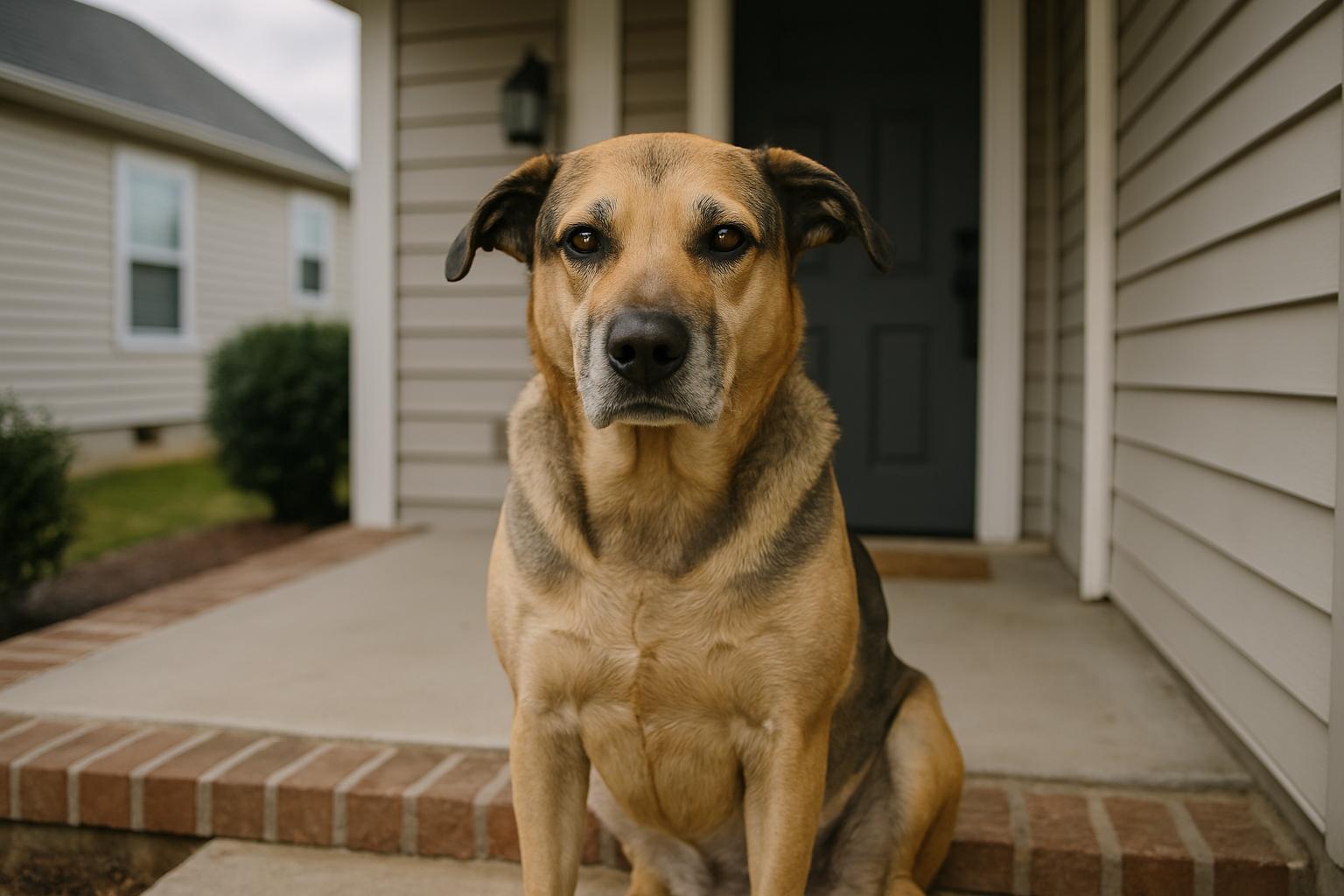 An adult mixed-breed dog sitting on a suburban porch under soft overcast light, close environmental portrait