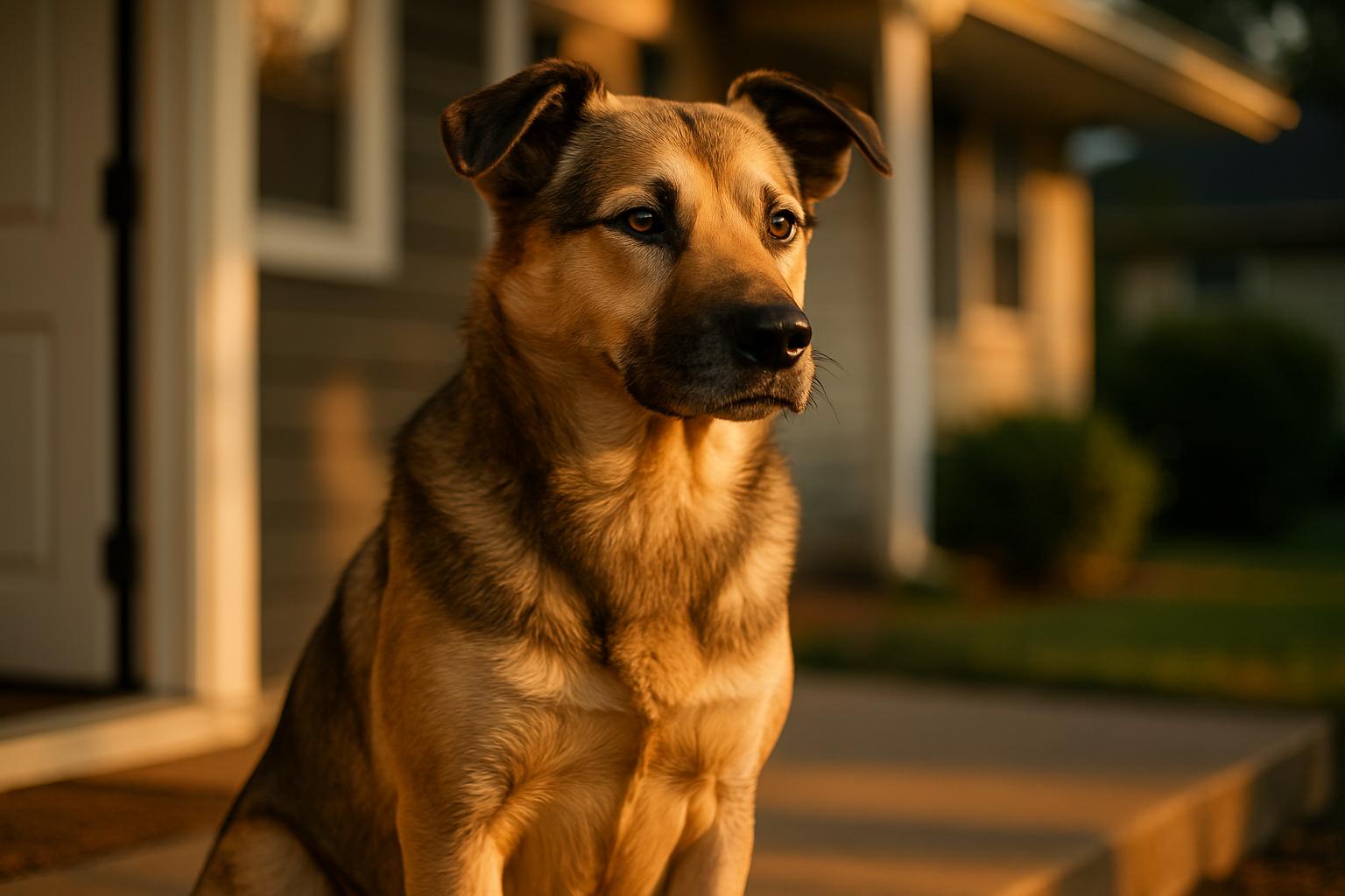 Medium-sized mixed-breed dog sitting alert on a suburban porch in golden hour light