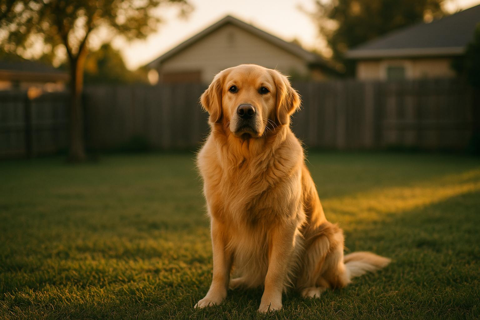 Golden Retriever sitting in a suburban backyard at golden hour, portrait-style photograph