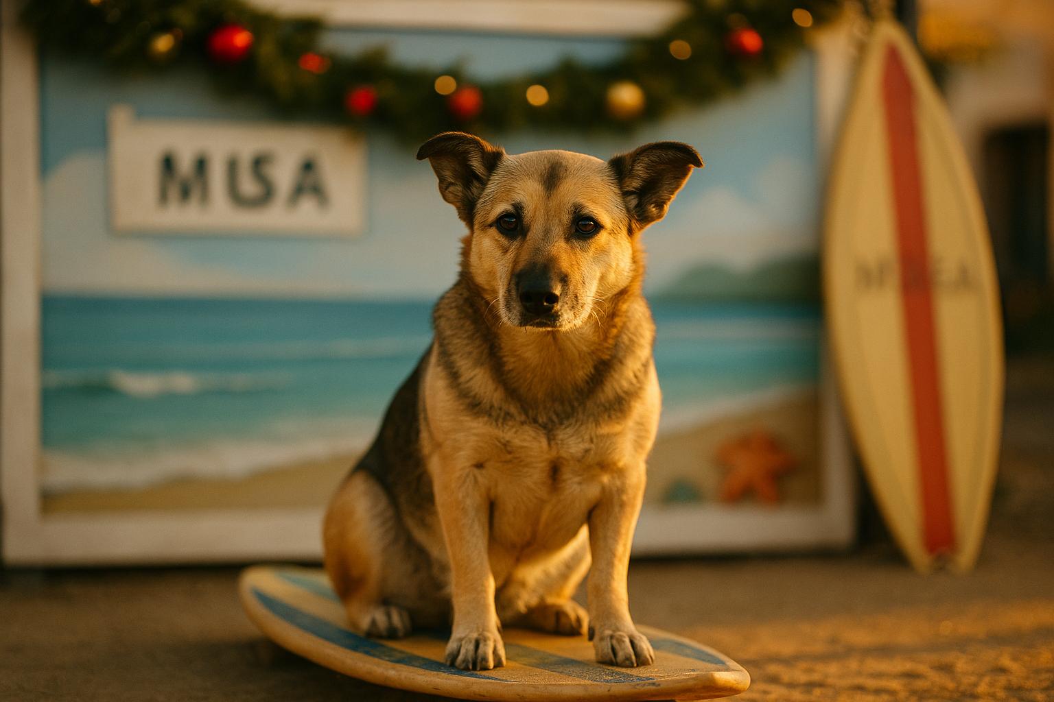 Medium-sized mixed-breed dog sitting on a surfboard at a surf-themed adoption event, golden hour light