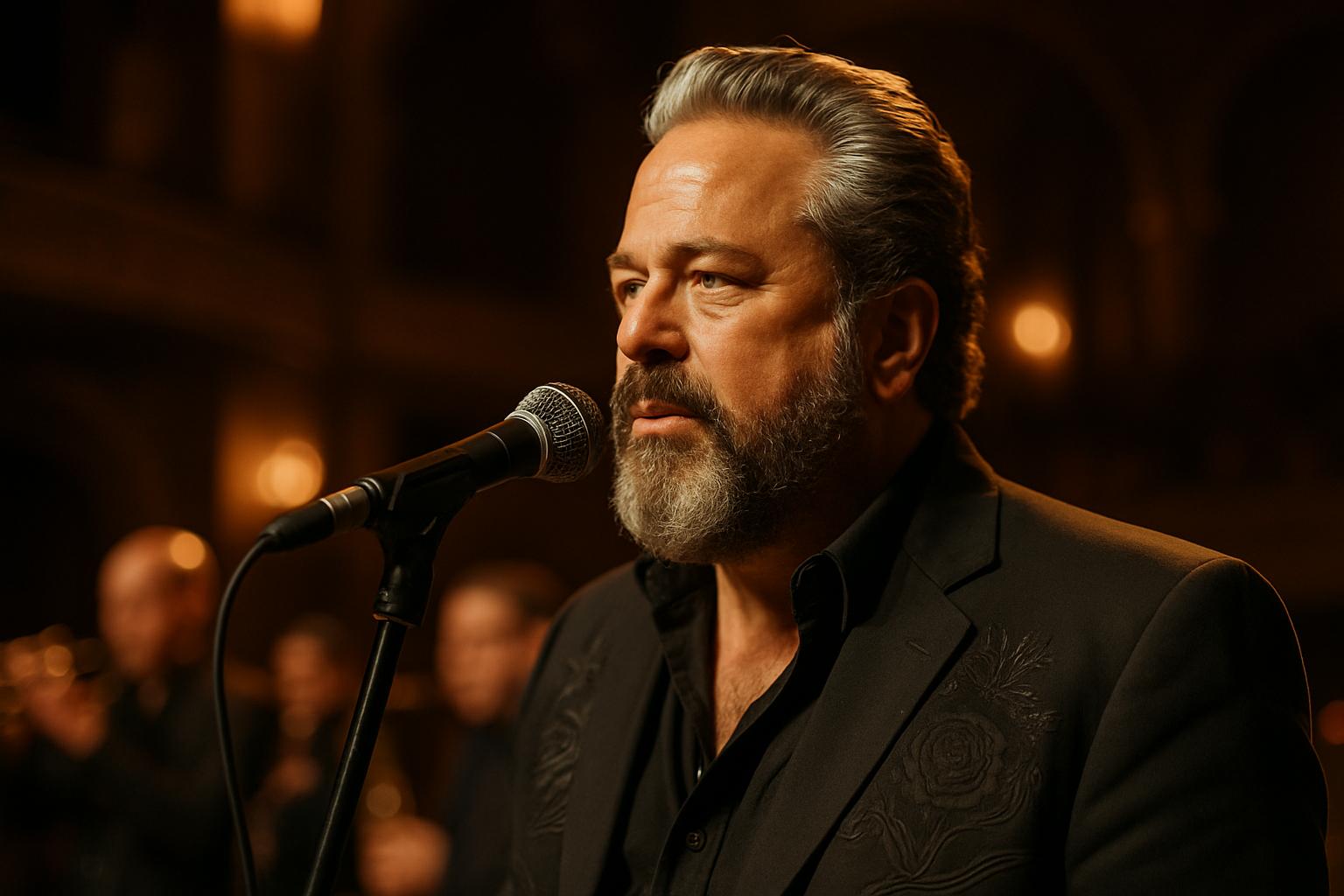 Raul Malo singing onstage with horn players visible in the background at a historic theater.